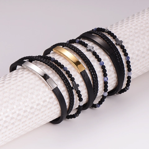 Pulsera Multicapa Para Hombre Cierre Magnético Acero Inoxidable Cuero Trenzado Cuentas Piedra Cruz Moda Punk