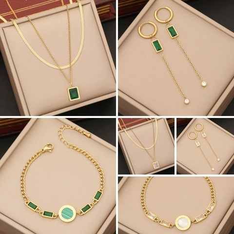 Stainless Steel Jewelry Necklace Bracelet Earrings Emerald Green White Square Gemstone Double Layer Roman Numeral Long Tassel Fashion For Women