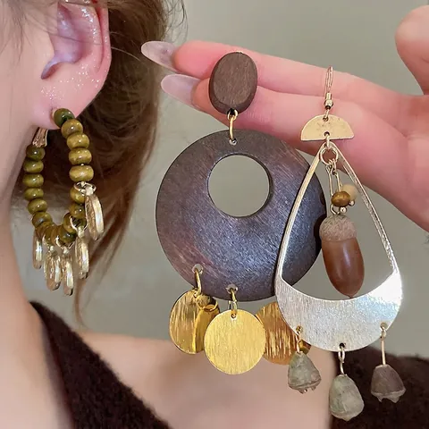 Boho Geometrische Holz Legierung Ohrringe Mit 925 Sterling Silber Ohrstecker Vintage Ethnischen Stil Schmuck Für Frauen