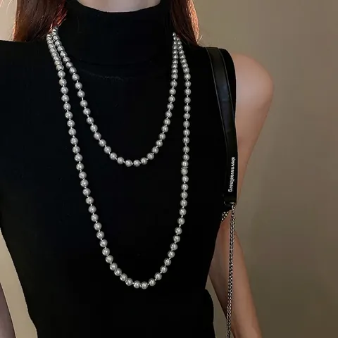 Extra Long Layered Imitation Artificial Pearl Necklace French Style Elegant Multi Layer Clavicle Chain For Women