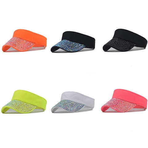 Women Rhinestone Sun Visor Hat Sparkling Empty Top Cotton Fabric Outdoor Beach Travel Fashionable Sunshade Accessory