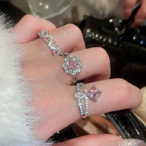 Elegant Pink Zircon Open Adjustable Ring For Women Geometric Flower Rhombic Design Copper Metal Sparkling Accessories