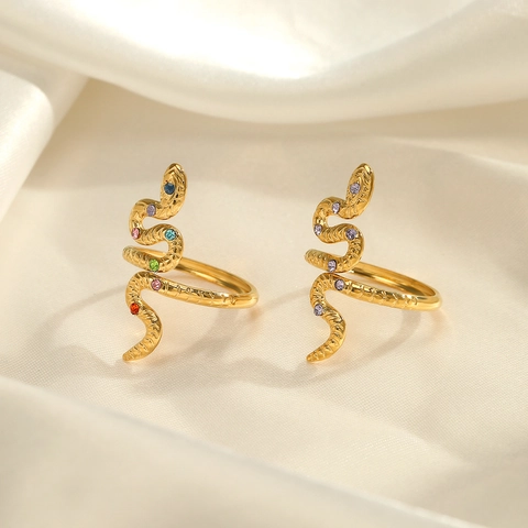 Snake Ring Stainless Steel Gold Plated With Colorful Zircon Adjustable Open Design Fashion Jewelry For Women