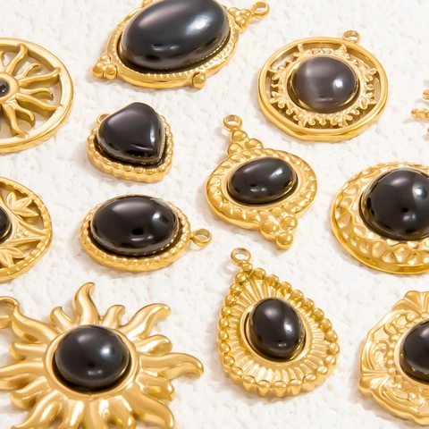 French Vintage 18K Gold Plated Stainless Steel Pendant Natural Obsidian Star Sun Totem Eagle Charms For DIY Necklace Bracelet Making Women Jewelry Accessories