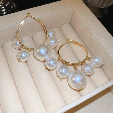 Grote Gouden Creolen Met Witte Imitatieparels En Zilveren Oorsteker Chique Elegante Stijl Dames Mode Sieraden
