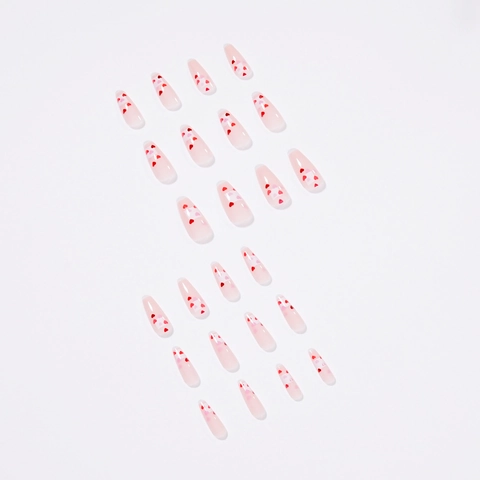 Press On Nails Long Coffin Shape Heart Pattern Pink Translucent Sweet Valentine Style Fake Nails For Women