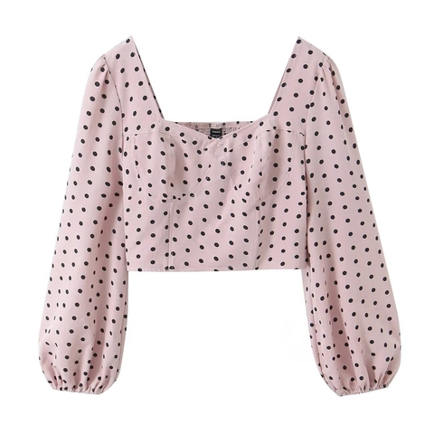 Polyester Polka Dot Square Neck Blouse Puff Sleeve Smocking Vintage Pink Long Sleeve Top For Women