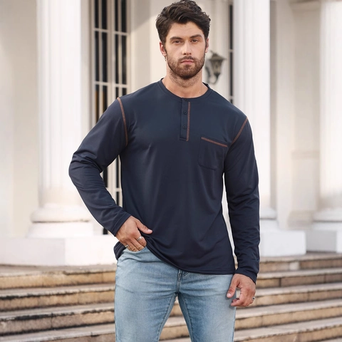 Herren Langarm Henley Shirt Strick T-Shirt Knopfleiste Brusttasche Kontrastnaht Casual Pullover