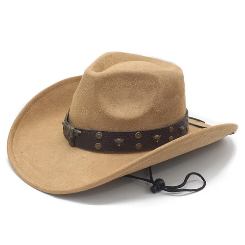 Westerse Cowboyhoed Suède Polyester Brede Rand Zonnehoed Met Metalen Stierkop Leren Band En Verstelbaar Windtouw Volwassen