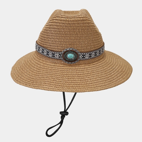 Western Cowboy Strohoed Etnische Band Turquoise Decoratie Verstelbaar Windtouw Zonbescherming Retro Stijl Unisex