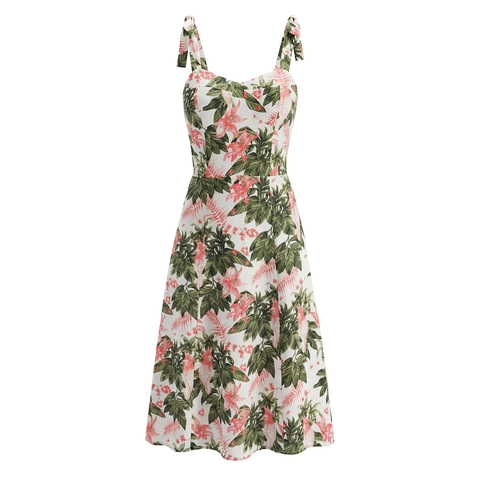 Women Floral Midi Dress Polyester Bow Tie Straps Sweetheart Neckline French Tropical Vacation Swing A-Line