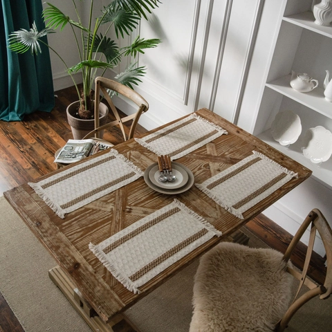 Camino de Mesa Tejido de Yute y Algodón Bohemio con Borlas Rayas Decoración de Mesa para Boda Fiesta Hogar Cocina