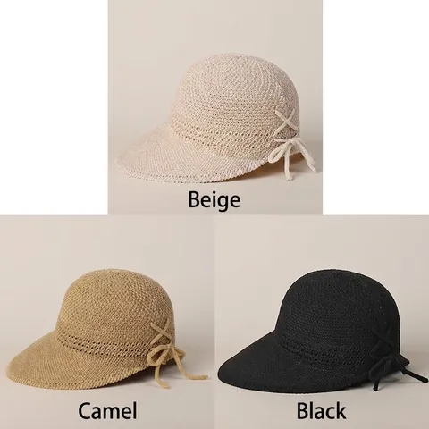 Women Knitted Cotton Polyester Sun Hat Breathable Wide Brim Bowknot Decor Summer Beach Travel Duckbill Cap
