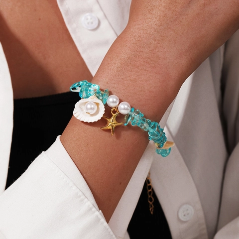 Pulsera De Cuentas Tema Océano Con Colgante Estrella De Mar Concha Aleación Piedra Triturada Perla Artificial Imitación Joyas Playa Mujer