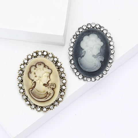 Spilla Cameo in Lega Vintage con Strass per Donna Gioielli di Moda Profilo Femminile Ovale Bronzo Antico Tonalità Argento