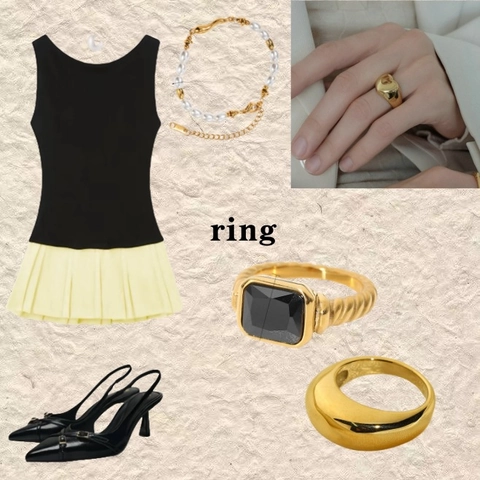 Vintage Stainless Steel Ring 18K Gold Plated Zircon Shell Geometric Finger Jewelry For Women Retro Ins Style