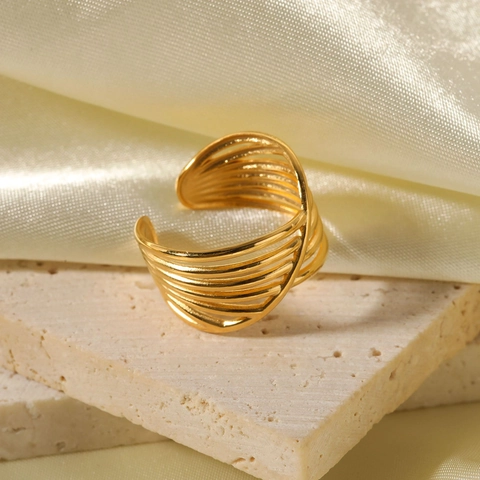 Meerlaagse Kruislijn Open Ring 18K Verguld Roestvrij Staal Verstelbare Geometrische Holle Sieraden Voor Dames