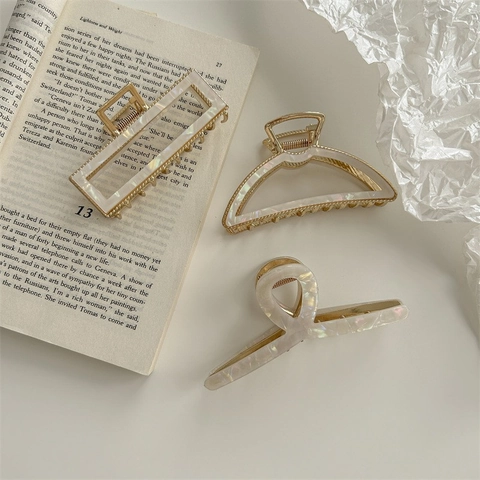 Molletta Per Capelli Vintage Francese Grande Acetato Lega Bianco Perla Artificialto Geometrico Forcina Shark Per Donne