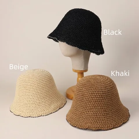 Knitted Bucket Hat For Women Polyester Crochet Hollow Breathable Sun Protection Japanese Style Wave Edge Foldable