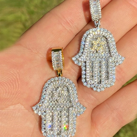 Collana Con Pendente Mano Di Hamsa Rame Zirconi Pavé Iced Out Hip Hop Punk Gioielli Uomo