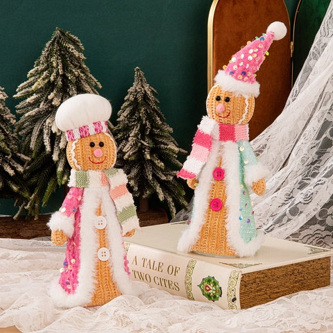 Weihnachts Lebkuchenmann Puppe Dekoration Gestrickt Stehende Figur Mit Pailletten Und Kunstfellbesatz Für Desktop Dekor