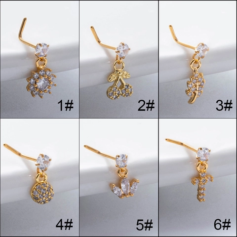 Stainless Steel L Shaped Nose Stud With Zircon Dangle Pendant Fashion Body Piercing Jewelry For Women