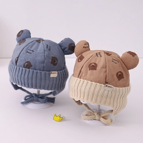 Cappello Protezione Orecchie Bambini Velluto A Coste Maglia Orecchie Orso Stampa Cartone Animato Inverno Caldo Esterno