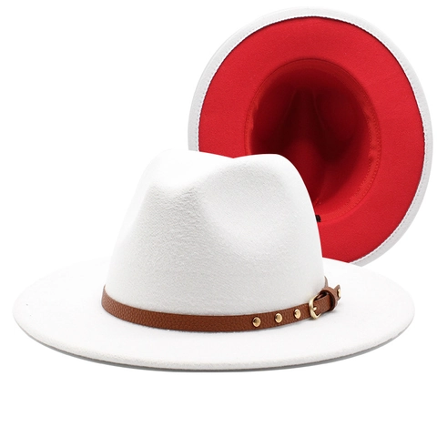 Klassischer Zweifarbiger Fedora Hut Mit Breiter Krempe Wollfilz Jazz Kappe Mit Nietengürtel Für Damen Und Herren Kontrast
