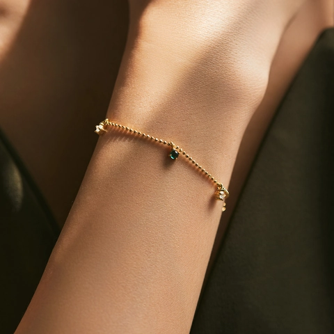 925 Sterling Silber Perlenkette Armband Mit Grünen Zirkonia Und Sternanhängern Retro Vintage Elegant Für Damen