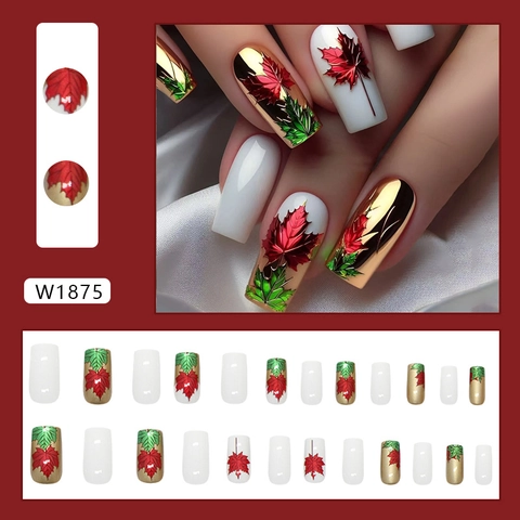 Uñas Postizas Press On Hoja De Arce De Otoño Cuadrado Medio Espejo Oro Blanco Plástico ABS Para Mujeres