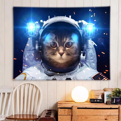 Tapiz De Pared De Poliéster Gato Astronauta Luna Sol Mandala Estilo Misterioso Decoración Hogar Para Dormitorio Sala Estar Paño Colgante