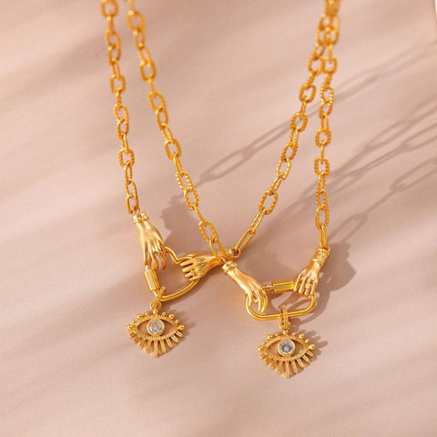 Evil Eye Halskette Vintage Kupfer 18K Vergoldet Zirkon Anhänger Hand Herz Form Verschluss Böhmischer Schmuck Für Damen
