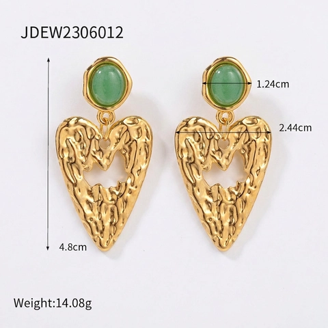 Vintage Herz Ohrhänger Edelstahl Grüne Aventurin Hammerschlag Retro Französischer Stil Elegant Für Damen