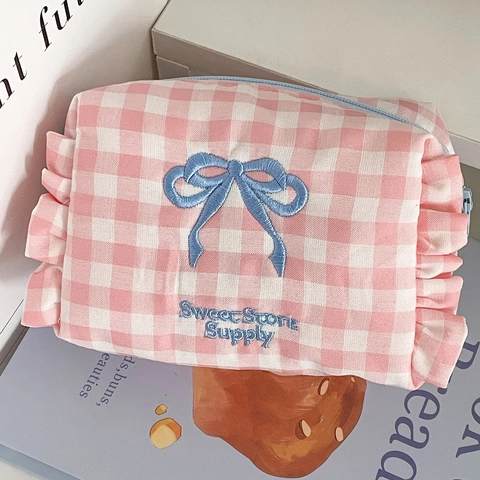 Bolsa Pequeña De Maquillaje De Algodón A Cuadros Con Bordado De Lazo Y Volantes Bolsa De Almacenamiento Dulce Portátil Para Viaje Y Diario