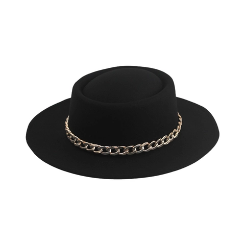 Retro Felt Fedora Hat Flat Brim Jazz Cap With Metal Chain Belt Elegant British Style Sun Hat For Women