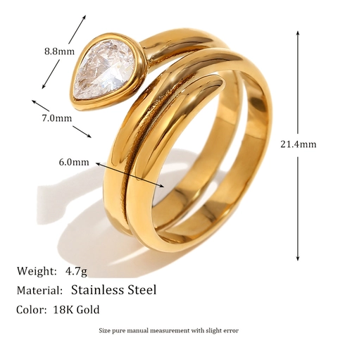 Edelstahl Wickelring 18K Vergoldet Weißer Zirkon Im Birnenschliff Geometrischer Spiral Schmuck Für Damen Elegant Trendig
