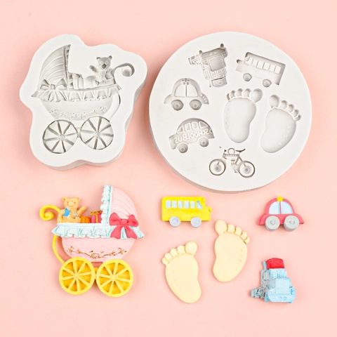 Baby Stroller Footprint Silicone Mold DIY Fondant Cake Decorating Tools Cartoon Bear School Bus Resin Clay Craft Mold