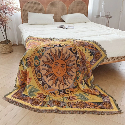 Bohemian Woven Throw Blanket Cotton Retro Sun Moon Zodiac Pattern Decorative Sofa Cover With Tassels For Outdoor Camping