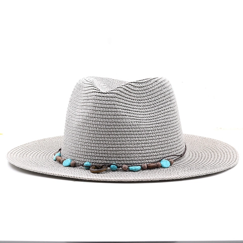 Cappello Fedora Di Paglia Bohemien Con Perle Di Legno Turchese Protezione Solare Estiva Traspirante Viaggio Jazz Panama Donne