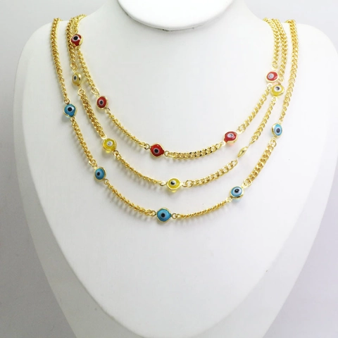 Collier Mauvais Œil Bohème Breloques Émail Coloré Cuivre Plaqué Or 18K Bijoux Ethniques Femmes Chaîne Ajustable