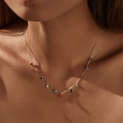 925 Sterling Silver Colorful Zirconia Necklace For Women Sweet Forest Style Geometric Drop Round Pendant Choker Jewelry