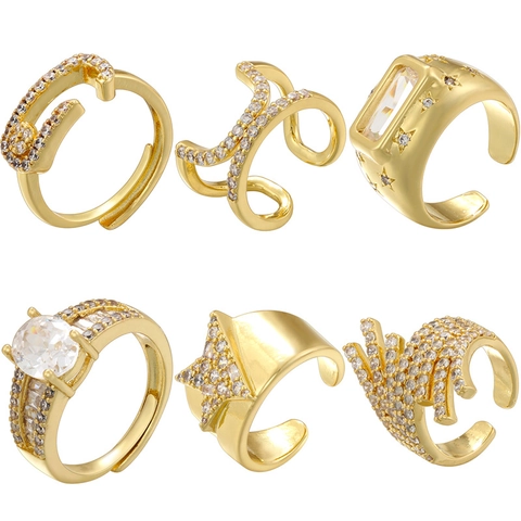 Anello in Rame Regolabile per Donna Zirconia Stella Geometrico Forma U Aperto Dito Anello Moda Gioielli Regalo Quotidiano