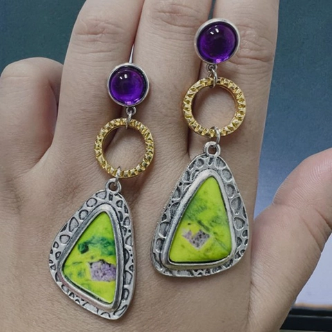 Pendientes Colgantes Bohemios Vintage Con Amatista Natural Y Piedra Semipreciosa Metal Martillado Geométrico Para Mujeres
