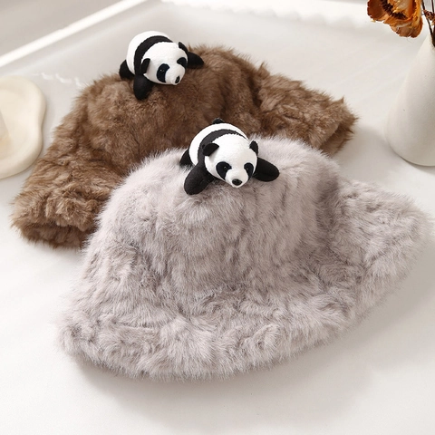 Faux Rabbit Fur Bucket Hat With Cute Plush Panda Doll Warm Winter Windproof Novelty Solid Color Basin Hat For Women