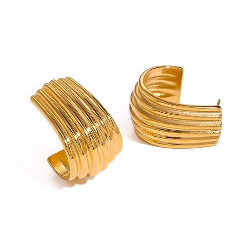 Orecchini a Bottone a C a Costine Vintage in Acciaio Inossidabile Placcato Oro 18K Gioielli Minimalisti Impermeabili Donna
