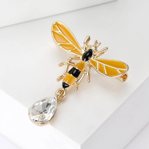 Broche Abeille Épingle Alliage Émail Forme Animale Avec Pendentif Cristal Goutte D'eau Accessoire Bijoux Mode