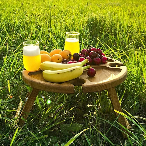 Portable Folding Picnic Table Wooden Wine Rack Tray With Glass Holder Snack Fruit Compartments For Outdoor Camping Indoor Bed