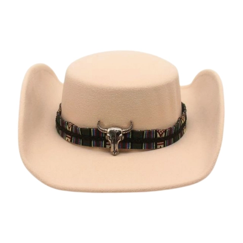 Western Cowboy Hat Wool Felt Bull Skull Ethnic Woven Band Wide Brim Vintage Retro Jazz Fedora For Men Women