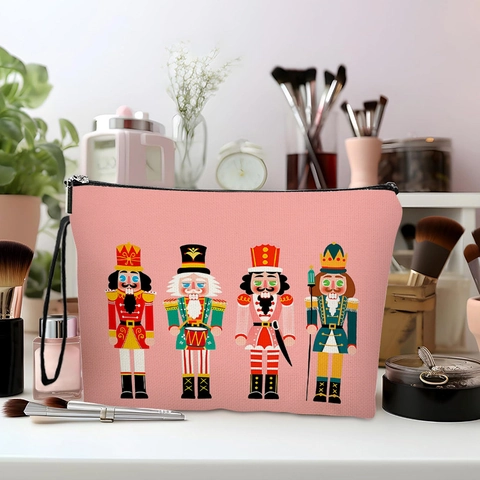 Nutcracker Print Makeup Bag Fine Linen Textured Polyester Cosmetic Pouch With Zipper And Hand Strap For Holiday Travel
