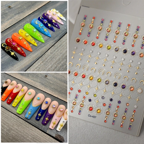 5D Embossed Nail Art Stickers Celestial Sun Moon Star Gold Stamping Rhinestones Self Adhesive Waterproof DIY Manicure